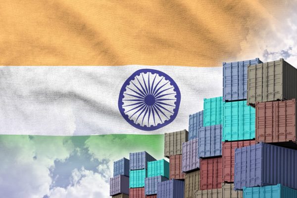 India flag and big stack of shipping cargo containers in docks with sky background close up